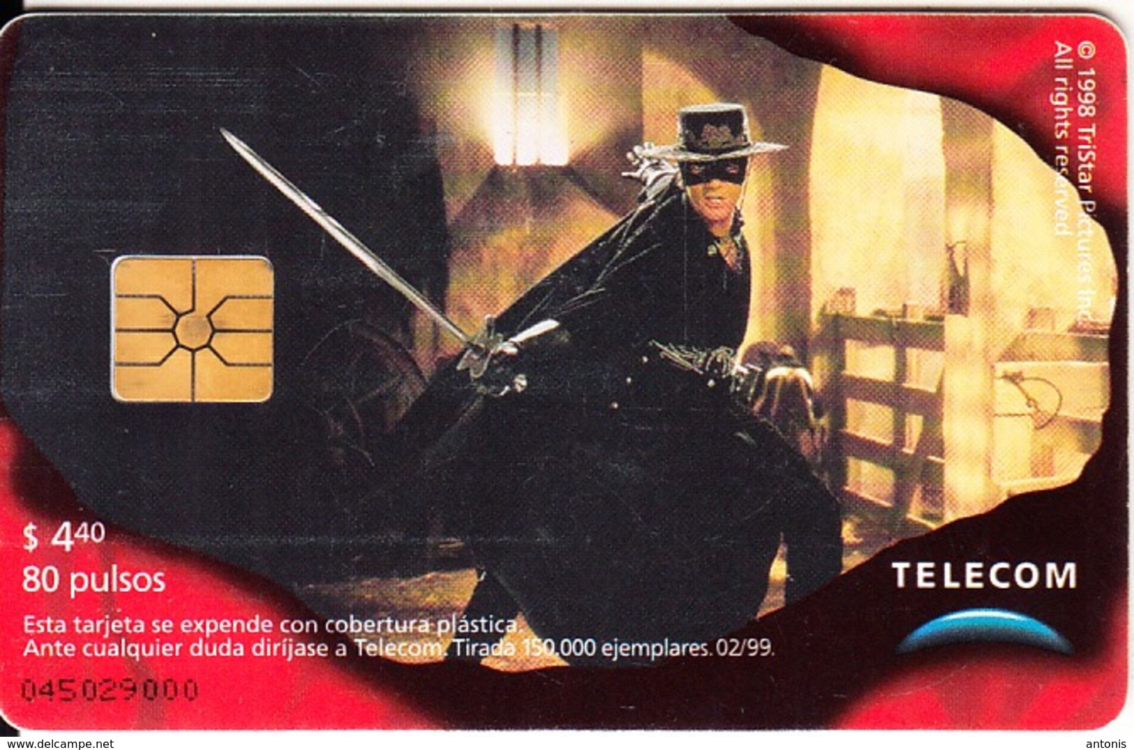 ARGENTINA - El Zorro 6, Telecom Argentina Telecard, Chip GEM1, 02/99, Used - Argentine