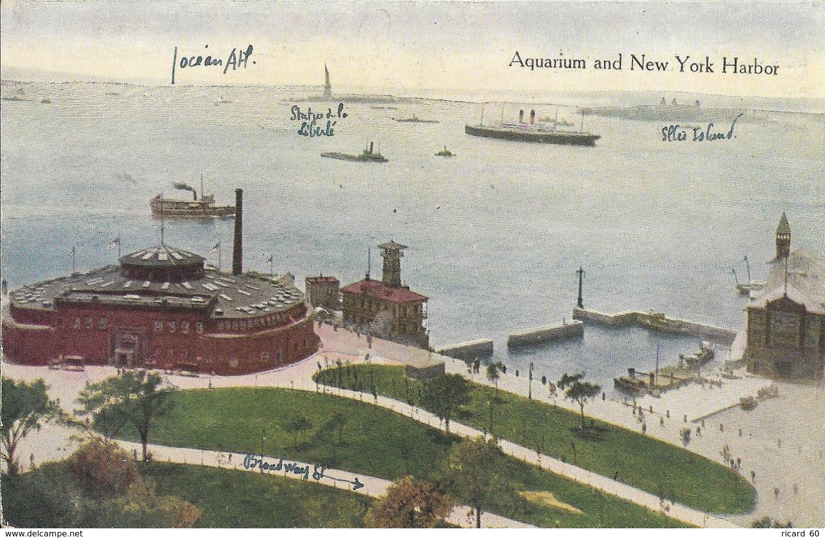 Cpa New York, Aquarium And New York Harbour, Ellis Island, Liberty Statue, Paquebot - Autres & Non Classés