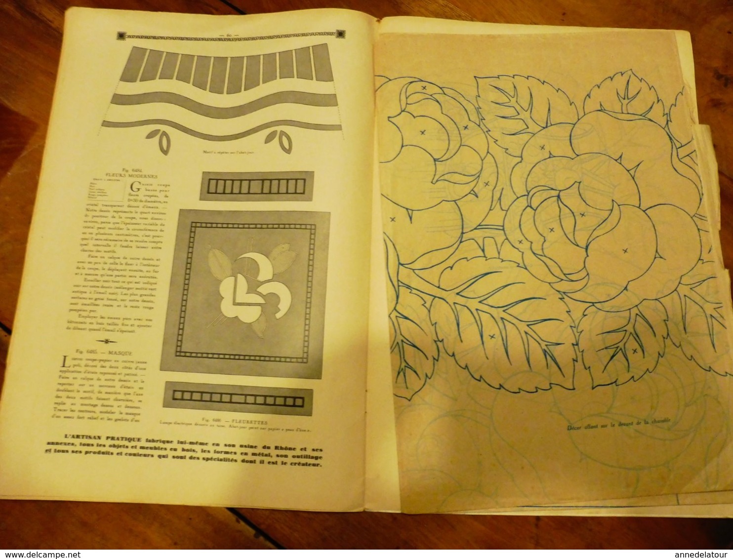 1933 Numéro 286 (L'ARTISAN PRATIQUE) 3 tables gigognes en bois pyrogravé, teinté et ciré à l'ambrine "LES ROSES"; etc