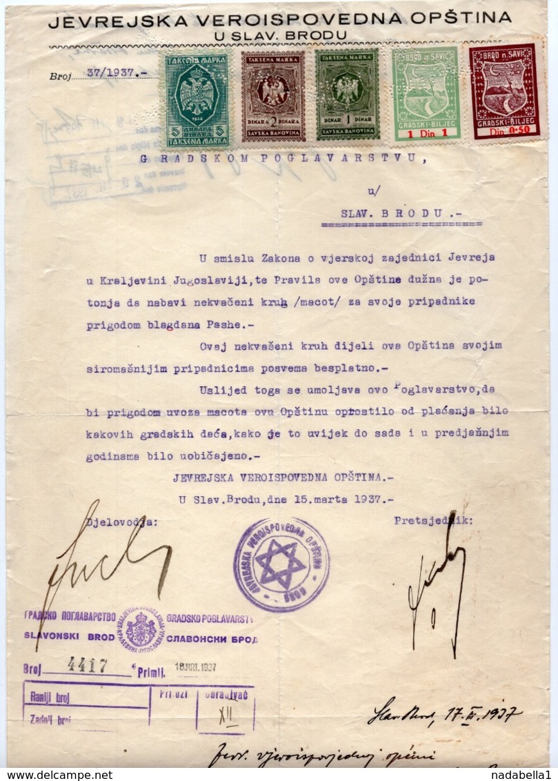 1937 JUDAICA, YUGOSLAVIA, CROATIA, SLAVONSKI BROD, JEWISH MUNICIPALITY LETTER, 5 REVENUE STAMPS - Historical Documents