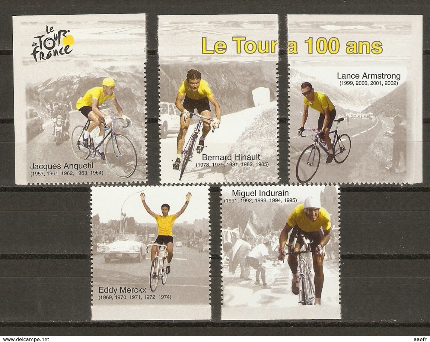 France 2003 - Le Tour De France A 100 Ans - Petit Lot De 5 Vignettes Issues Du Bloc BF59 - Anquetil - Hinault - Merckx - Cinderellas