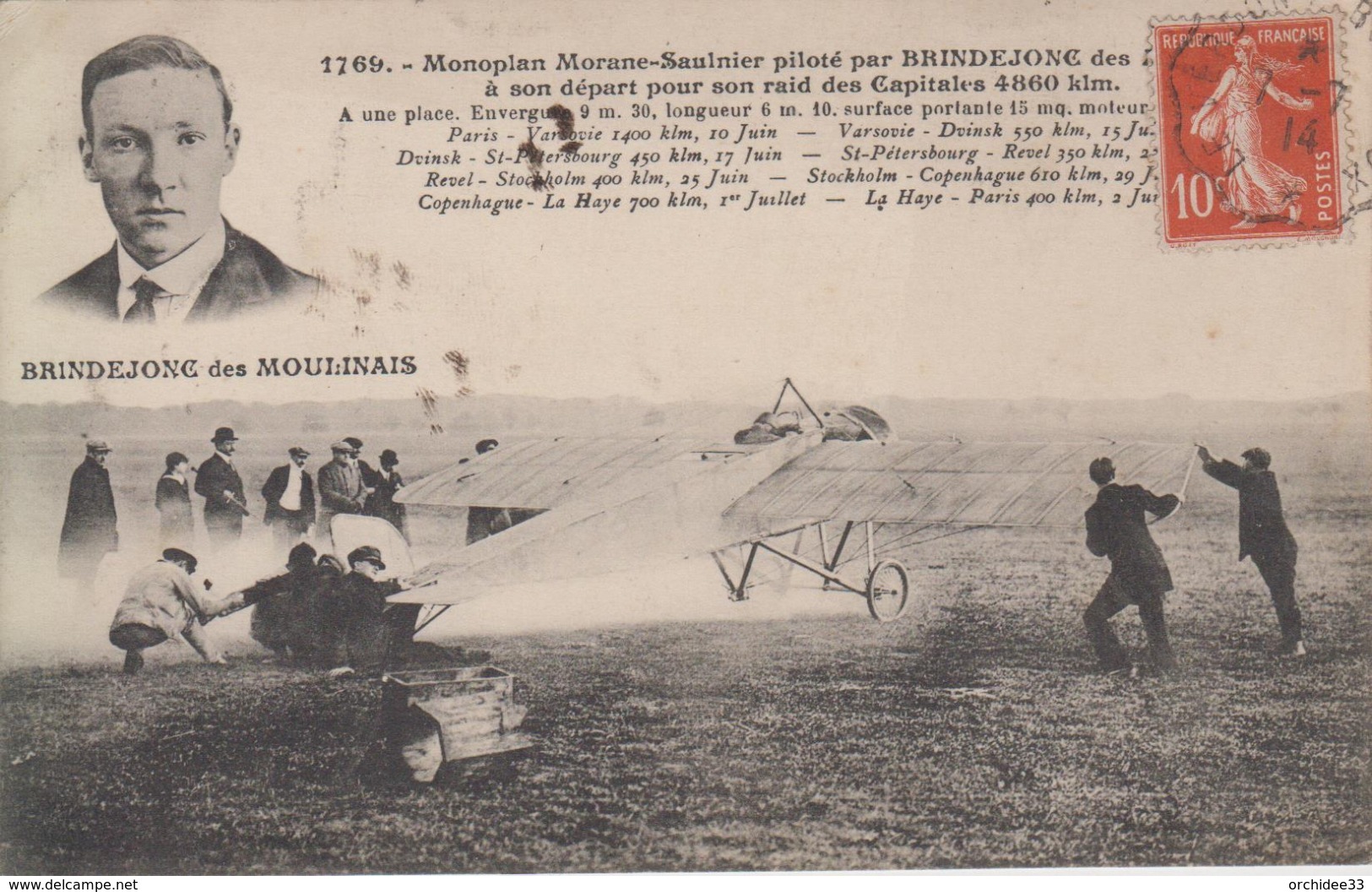 CPA Monoplan Morane-Saulnier Piloté Par Brindejonc Des Moulinais à Son Départ Pour Son Raid Des Capitales 4860 Km - Flieger