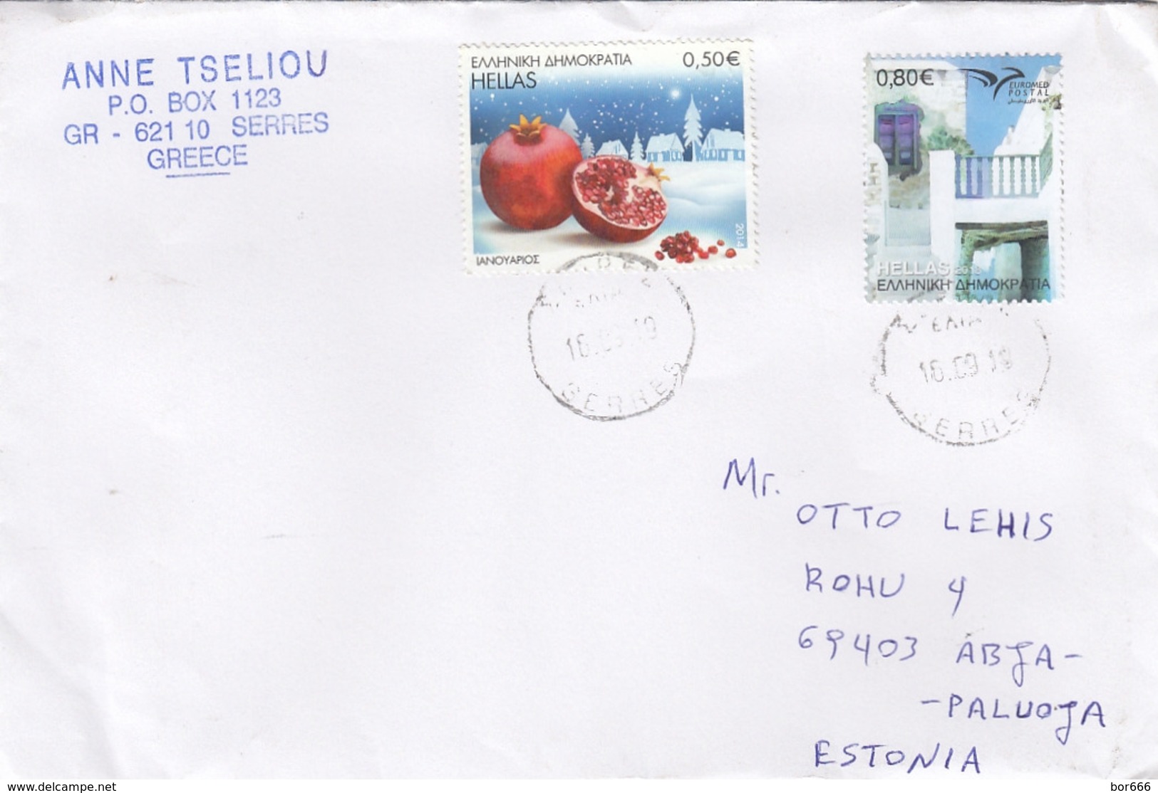 GOOD GREECE Postal Cover To ESTONIA 2019 - Good Stamped: Architecture ; Pomegranate - Briefe U. Dokumente