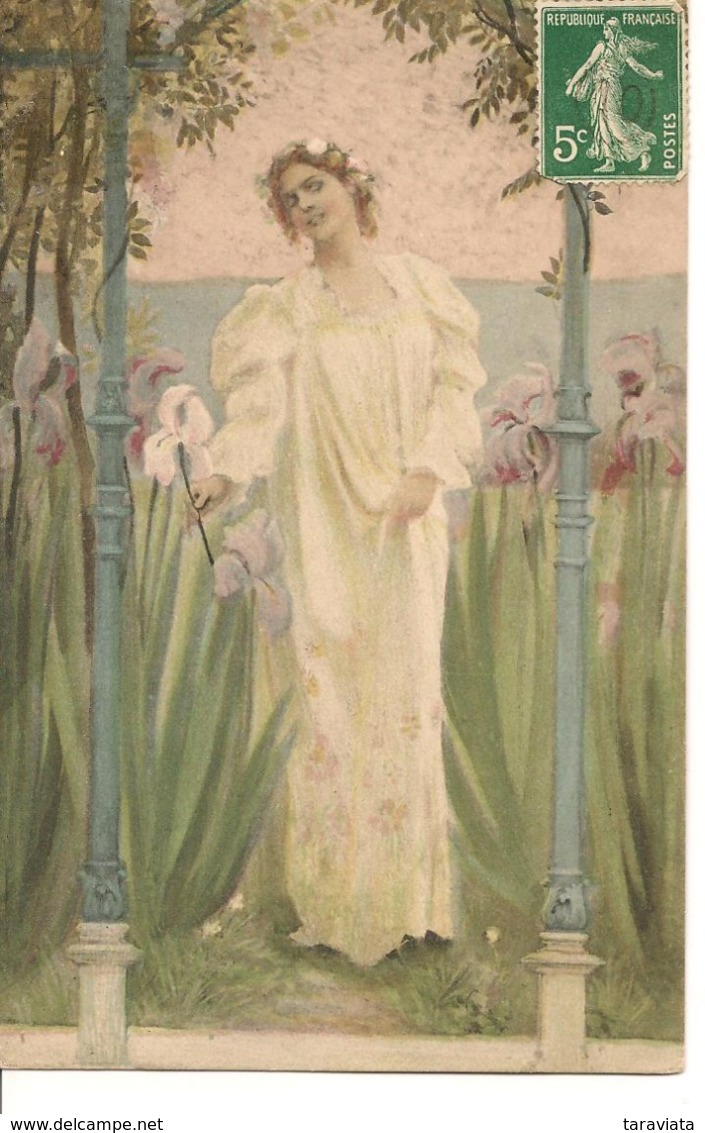 Illustrateur FEMME DANS UN JARDIN LYS A LA MAIN Charme Art Nouveau - Vor 1900