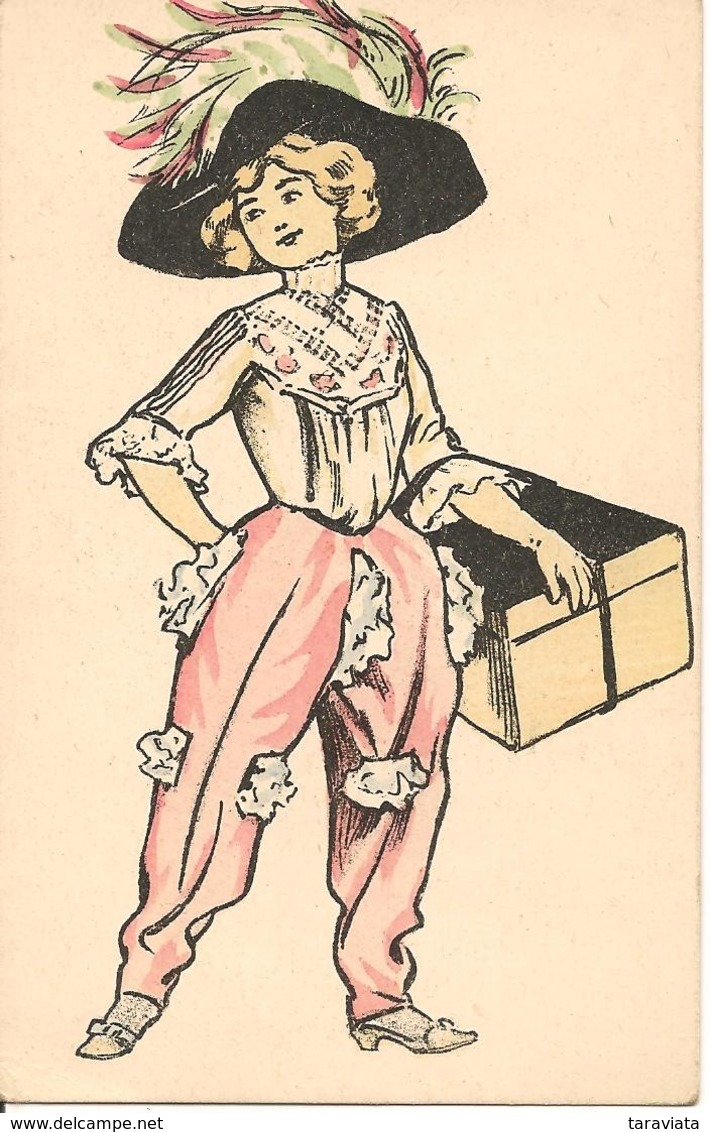 Illustrateur FEMME EN CULOTTE ET CHAPEAU LIVRANT UN PAQUET Charme Déshabillé - 1900-1949