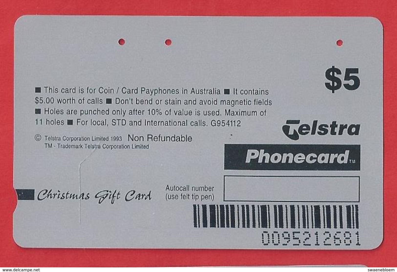 AU.- Telstra Phonecard $5. Season's Greetings. CAUSEWAY. BEWARE AROUND XMAS. Chrismas Gift Card. Australia. AUSTRALIË. - Natale