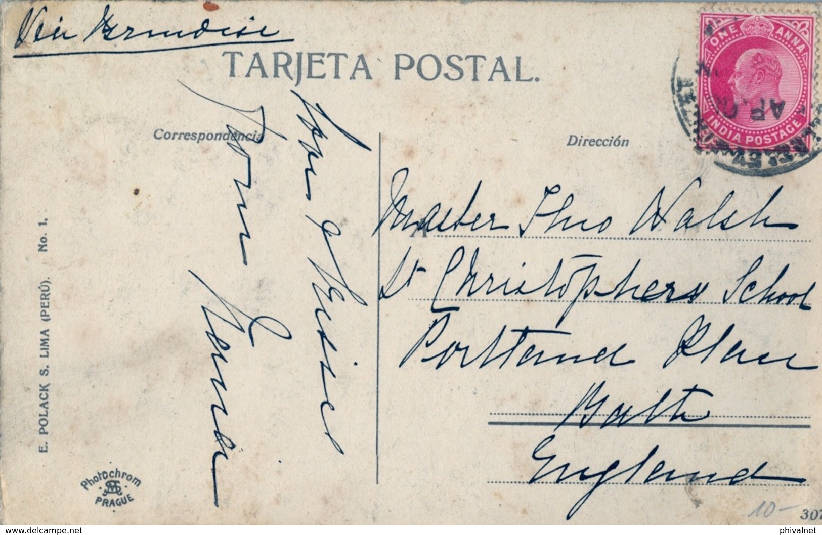 1905 PERÚ , TARJETA POSTAL CIRCULADA DESDE LA INDIA BRITÁNICA A INGLATERRA , YLAVE - FERIA EN LA PLAZA - Perú