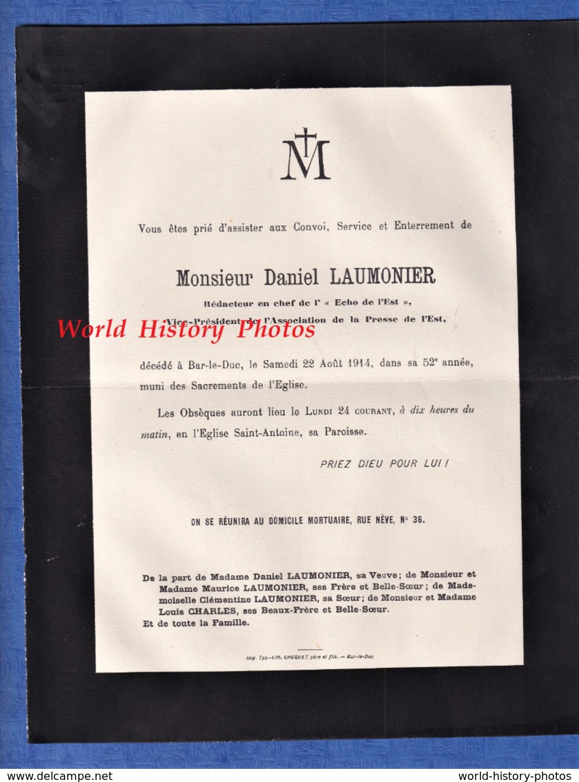 Document Ancien De 1914 - BAR LE DUC (Meuse) - Monsieur Daniel LAUMONIER Rédacteur En Chef  L' Echo De L' Est - Journal - Avvisi Di Necrologio