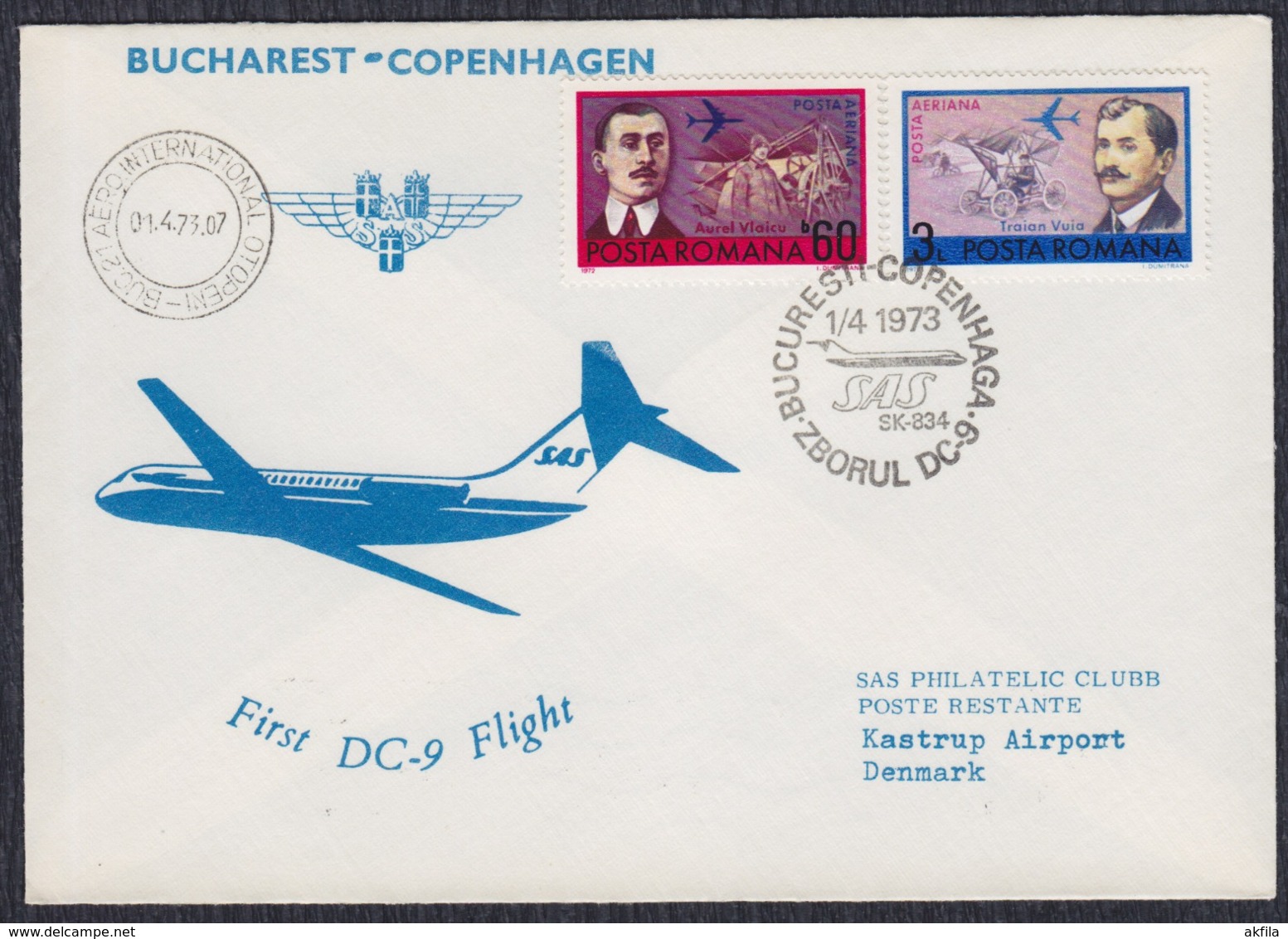 Romania 1973 First Flight  SAS DC-9 Bucarest - Copenhagen - Cartas & Documentos