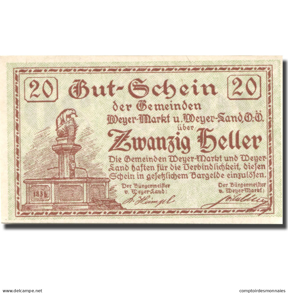 Billet, Autriche, Weyer Markt, 20 Heller, Monument, 1921 SPL Mehl:FS 1175 - Autriche