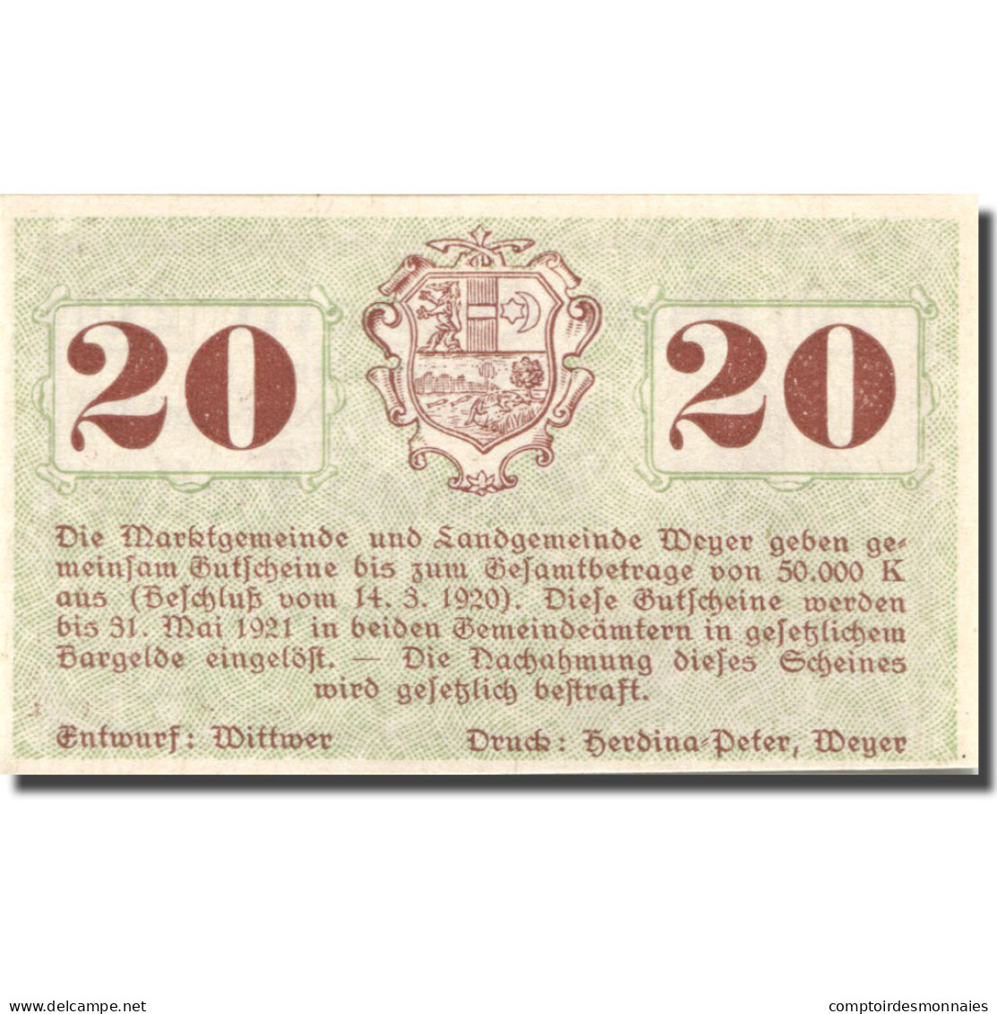 Billet, Autriche, Weyer Markt, 20 Heller, Monument, 1921 SPL Mehl:FS 1175 - Autriche