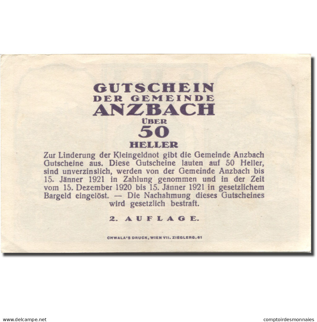 Billet, Autriche, Anzbach, 50 Heller, Village 1921-01-15, SUP Mehl:FS 48IIBe - Autriche