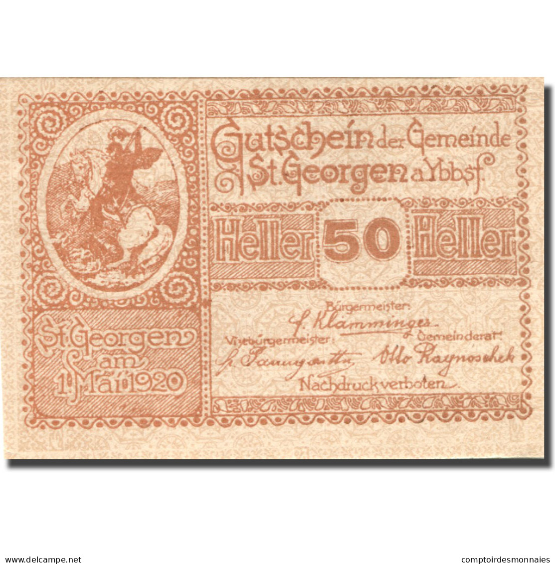 Billet, Autriche, St Georgen, 50 Heller, Agriculture, 1920 SPL Mehl:FS 885I - Autriche