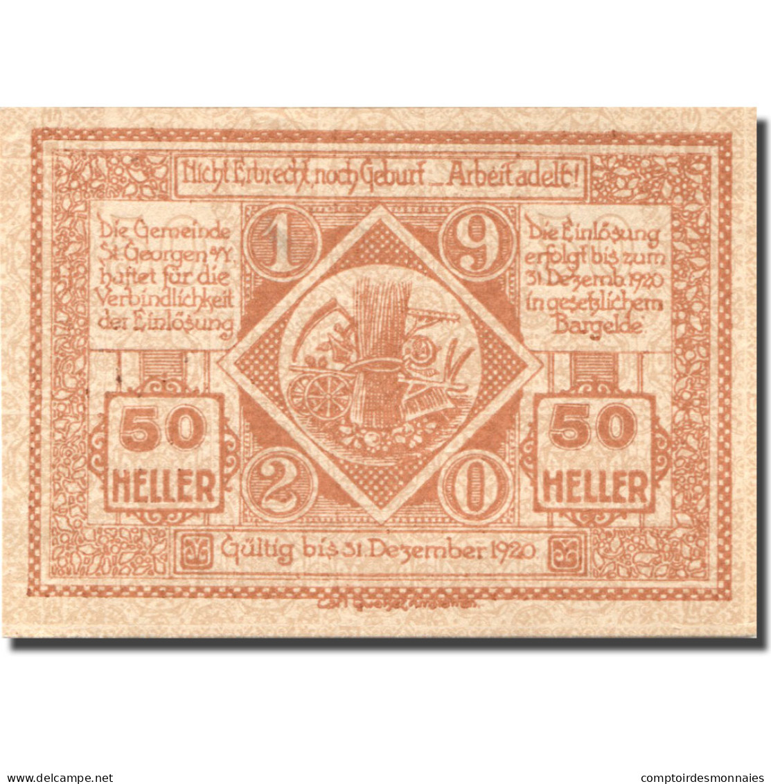Billet, Autriche, St Georgen, 50 Heller, Agriculture, 1920 SPL Mehl:FS 885I - Autriche