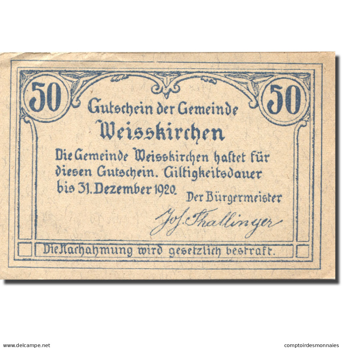 Billet, Autriche, Weisskirchen, 50 Heller, Eglise, 1920 SPL Mehl:FS 1160 - Autriche