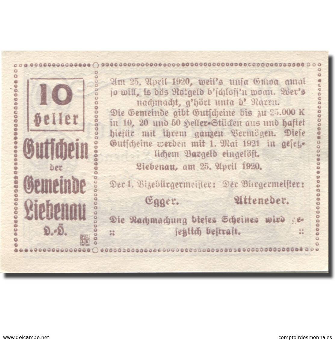 Billet, Autriche, Liebenau, 10 Heller, Village 1921-05-01, SPL, Mehl:FS 521 - Autriche