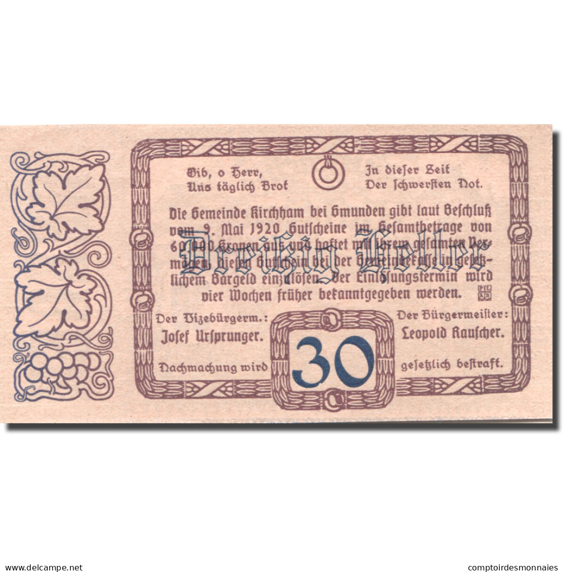 Billet, Autriche, Kirchham, 30 Heller, Village 1920-05-09, SPL Mehl:FS 446Ia - Autriche