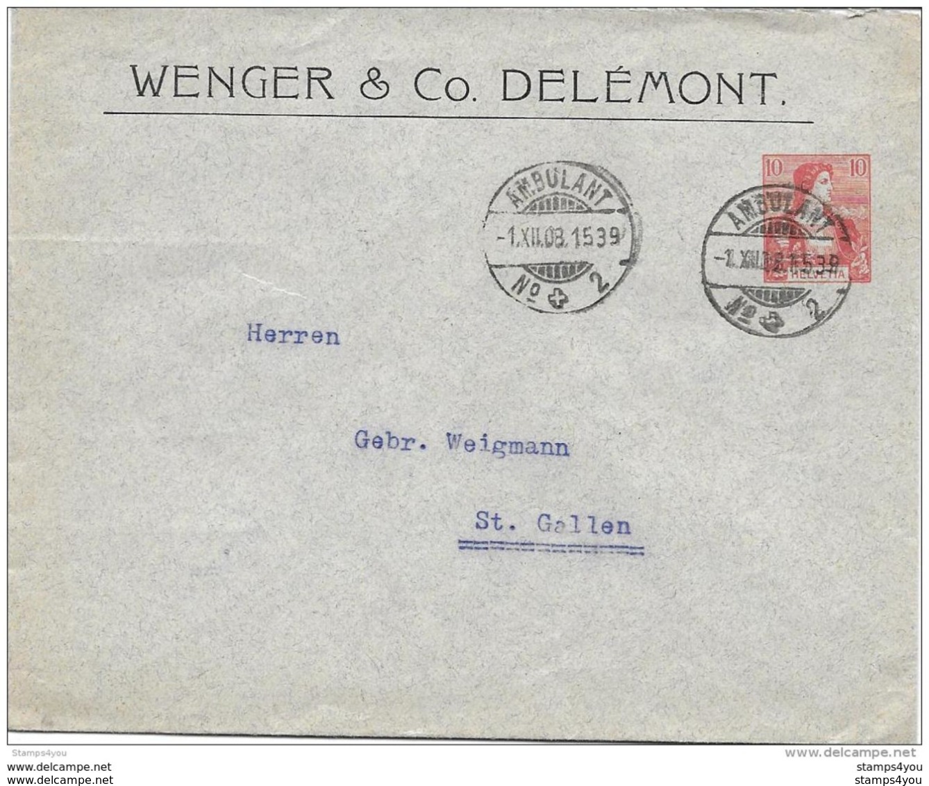 32 - 15 - Entier Postal  Privé "Wenger Delémont" Cachets Ambulant 1908 - Stamped Stationery