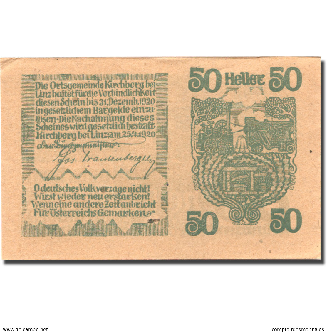 Billet, Autriche, Kirchberg Bei Linz, 50 Heller, Village, 1920 SPL Mehl:FS 443c - Austria