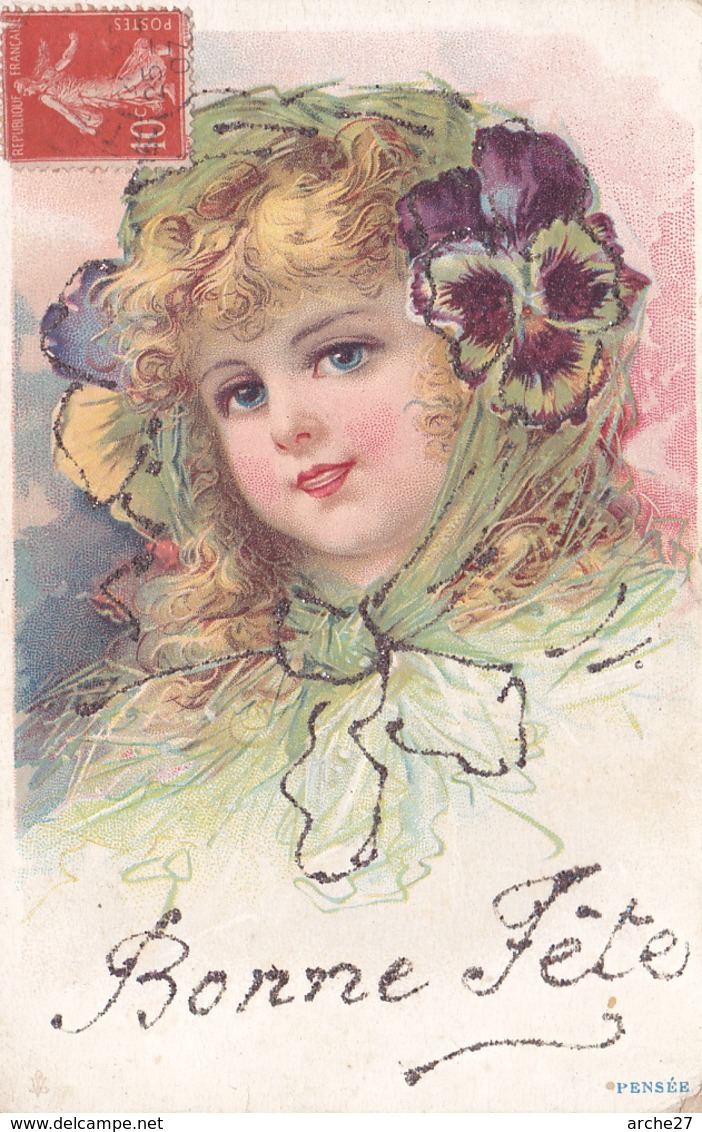 CPA - Fantaisie - Enfant - Bonne Fête - Paillettes - Portraits