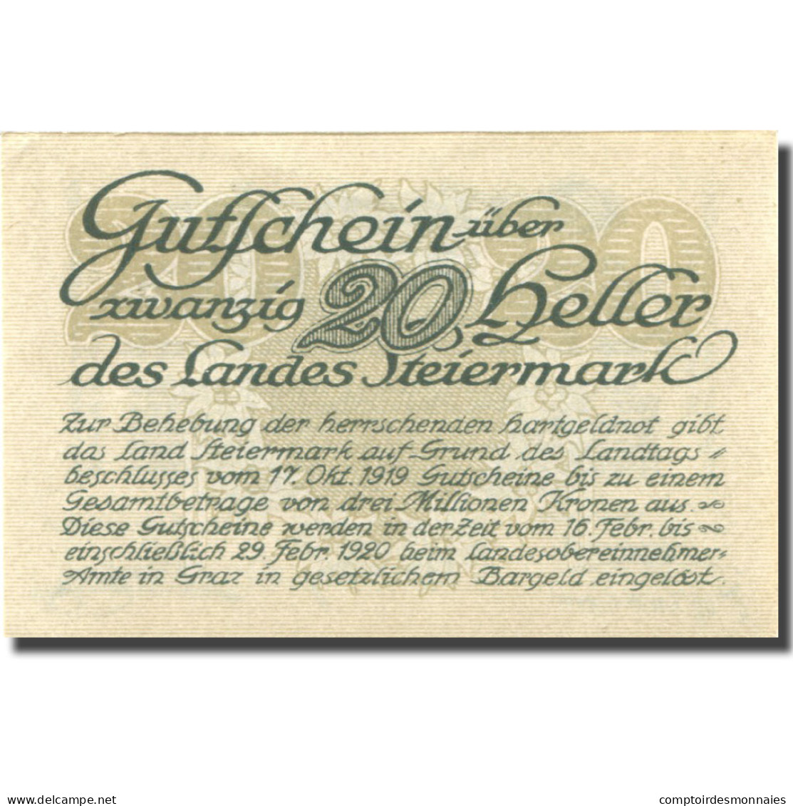 Billet, Autriche, Steiermark, 20 Heller, Valeur Faciale, 1920 SPL+ Mehl:FS 1014a - Autriche