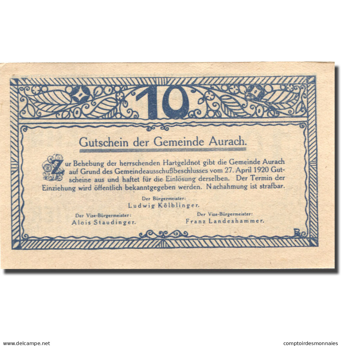 Billet, Autriche, Aurach, 10 Heller, Village 2, 1920 SPL Bleu Mehl:FS 68a - Autriche