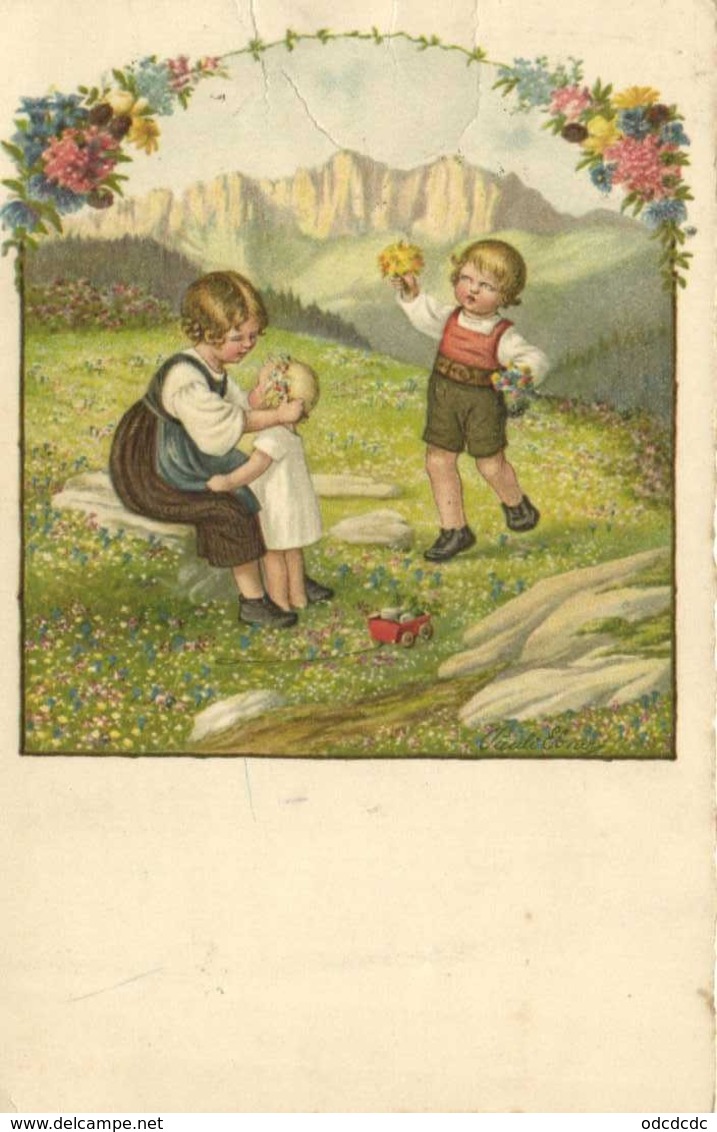 Illustrateur Enfants Jouant Et Ramassant Des Fleyrs Dans Une Prairie Montagneuse RV Timbre 40c + Vignette Vivre - Scènes & Paysages