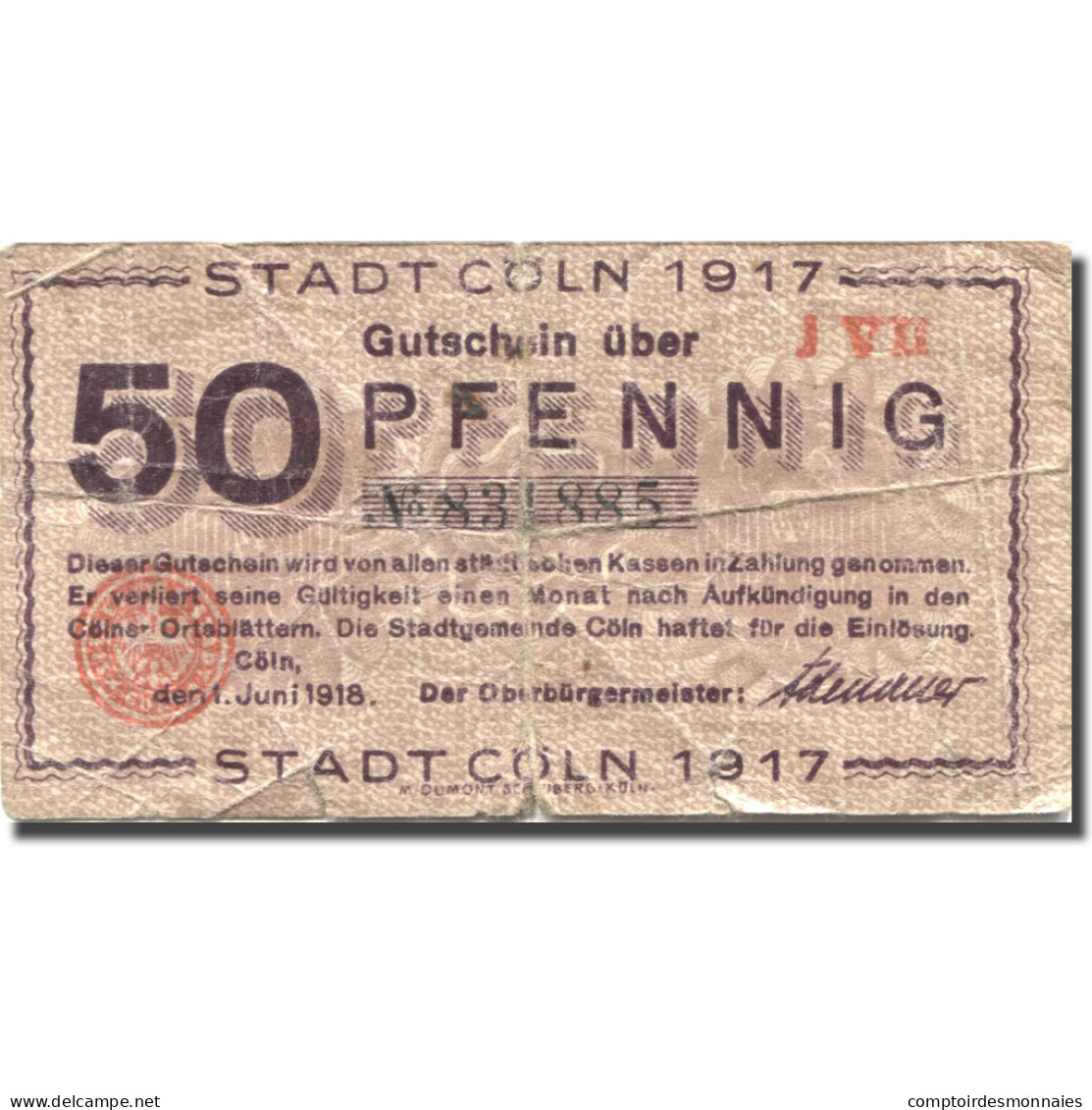 Billet, Allemagne, Cöln, 50 Pfennig, Monument, 1917, 1917-03-29, B, Mehl:K30.3c - Autres & Non Classés