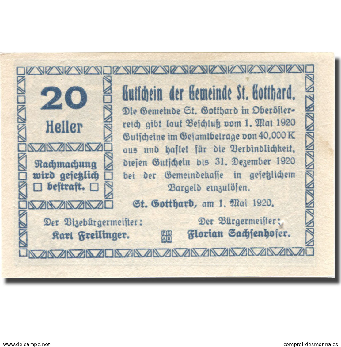 Billet, Autriche, St Gotthard, 20 Heller, Ferme 1920-12-31, SPL Mehl:FS 892 - Autriche