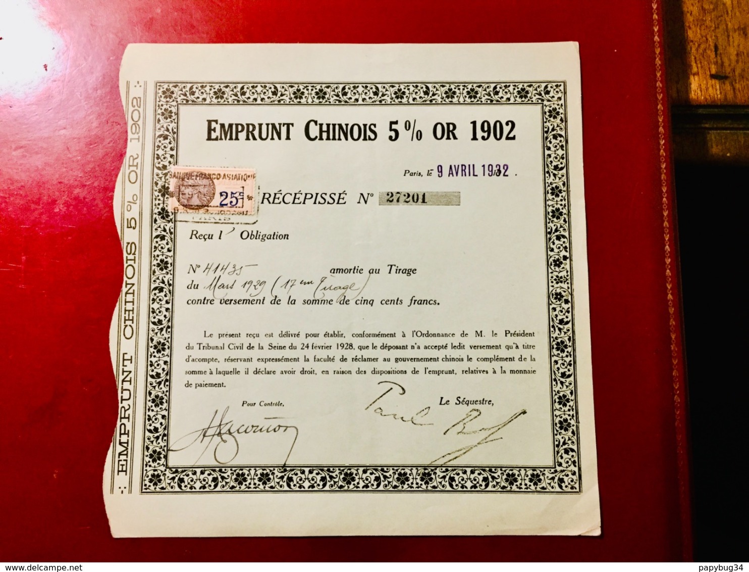 EMPRUNT   CHINOIS  5%  OR  1902 ------ Récépissé - Other & Unclassified