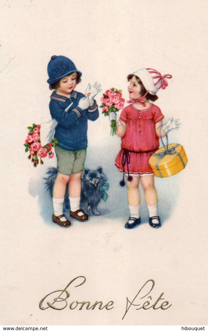 CPSM,Bonne Fête, Deux Enfants Avec Cadeau, Fleurset Chien - Portraits