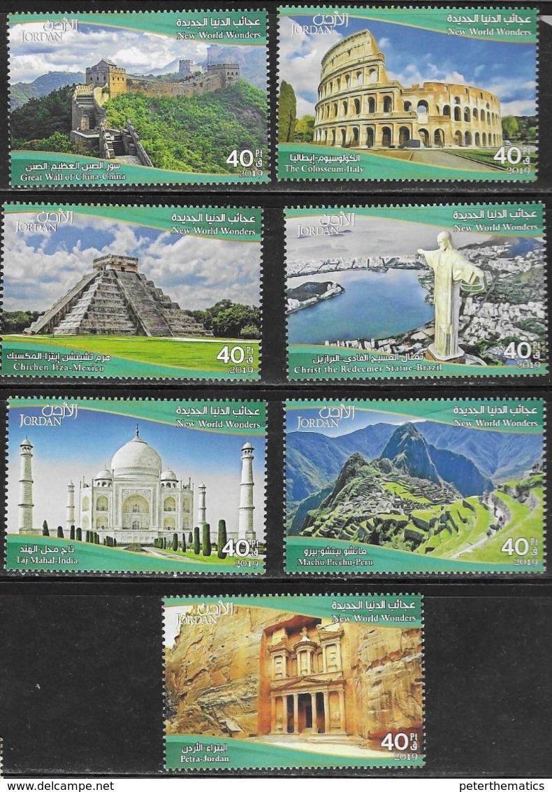 JORDAN, 2019, MNH, NEW 7 WONDERS,  MACHU PICCHU, PETRA, RIO, COLISSEUM, GREAT WALL OF CHINA, MOUNTAINS, CHICHEN ITZA,7v - Monuments