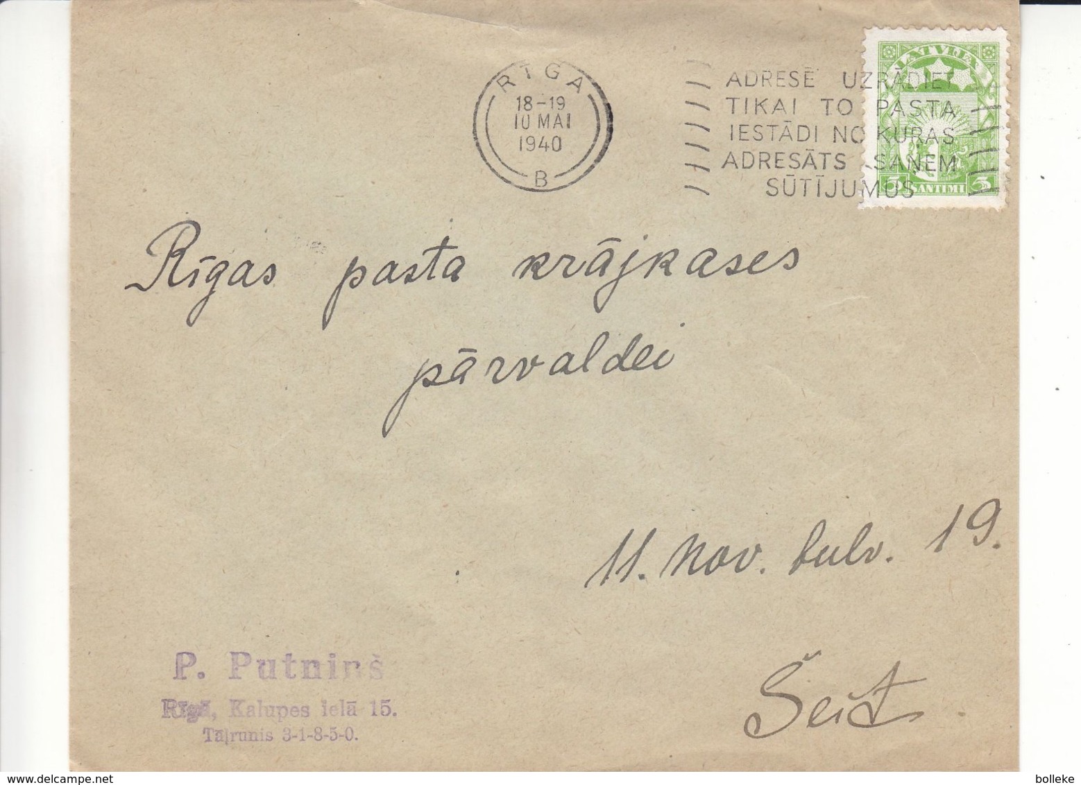 Lettonie - Lettre De 1940 ° - Oblit Riga - Exp Vers Riga Pasta Tekosu  ? - Latvia