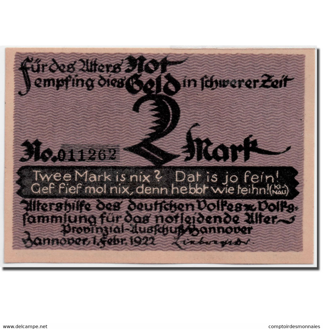 Billet, Allemagne, Hannover, 2 Mark, Portrait, 1922, 1922-02-01, SPL - Andere & Zonder Classificatie