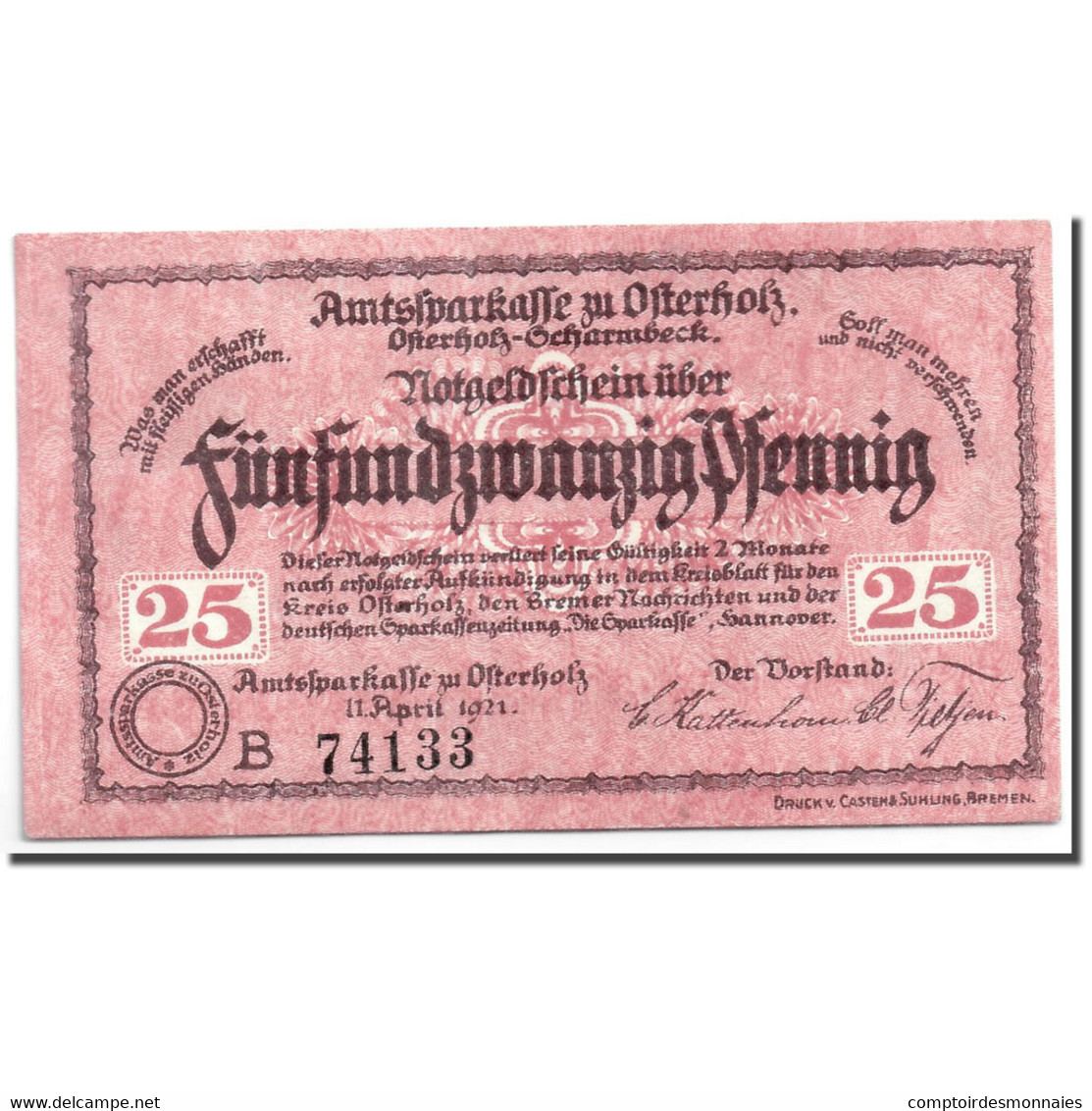 Billet, Allemagne, Osterholz, 25 Pfennig, Batiment, 1921, 1921-05-31, SPL - Andere & Zonder Classificatie