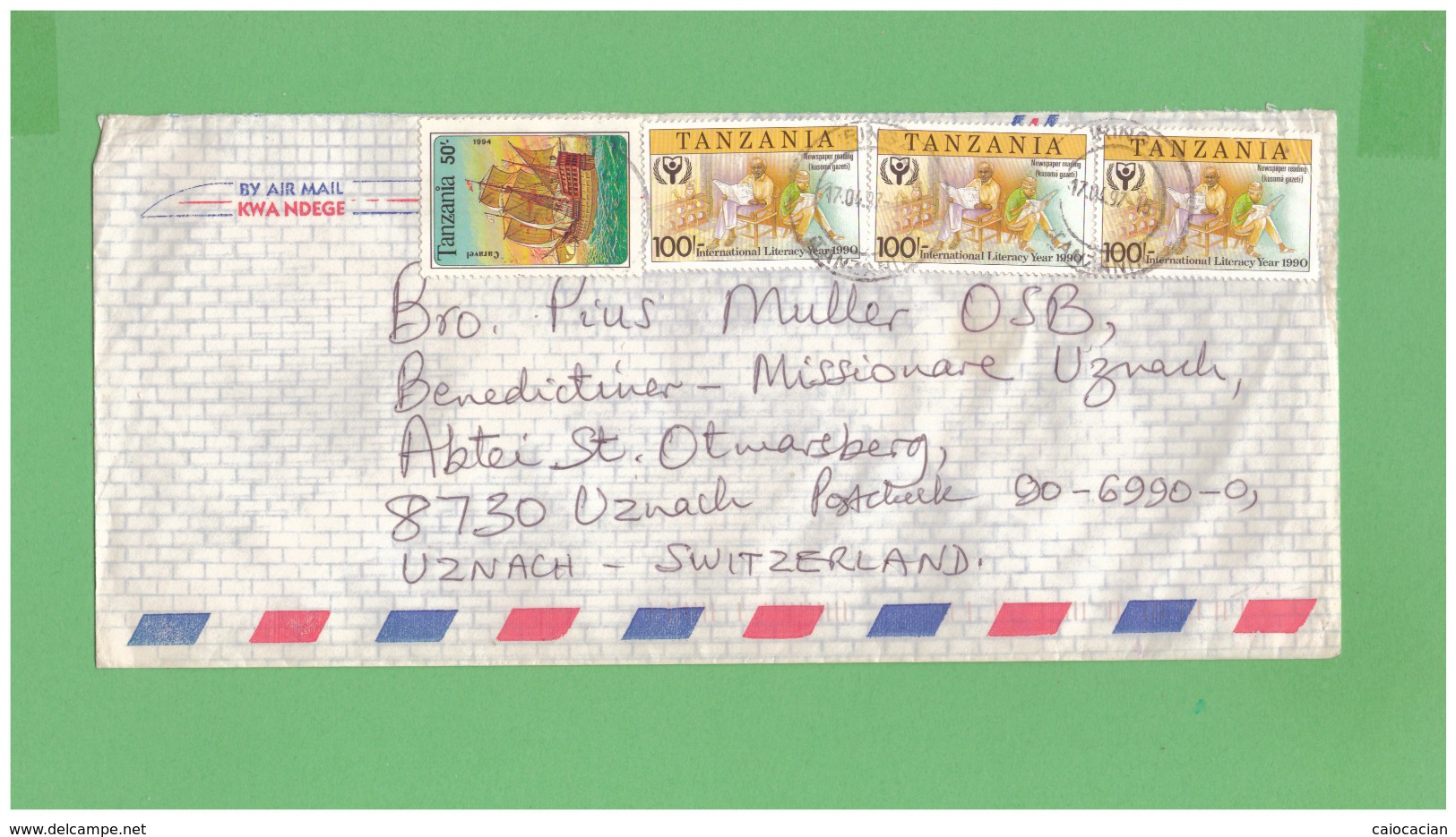 1994 TANZANIA AIR MAIL COUVERT WITH 4 DIV. STAMPS TO SWISS - Tanzania (1964-...)