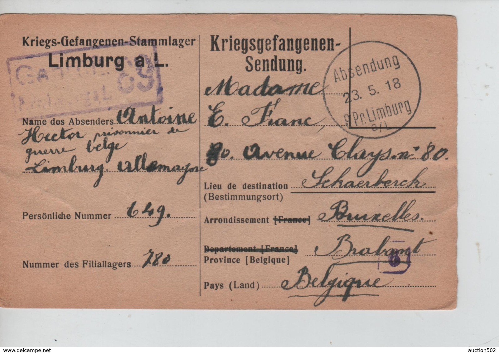 PR7438/ CP-PK PDG-POW-KFS Belge Camp Limburg A/L 1918 Censure > BXL Schaerbeek - Prisoners