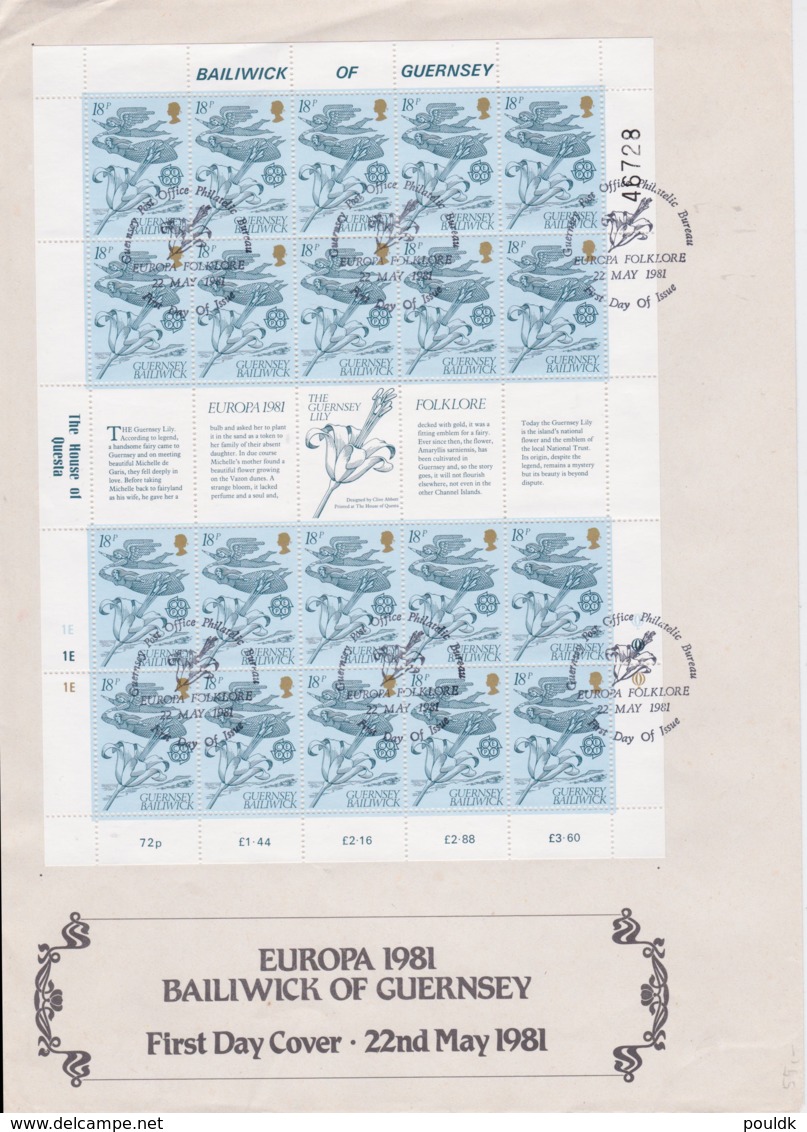 Guernsey 1981 FDC Europa CEPT Complete Sheet - Bowed Cover Take As Used Sheet Only (L76-10) - 1981