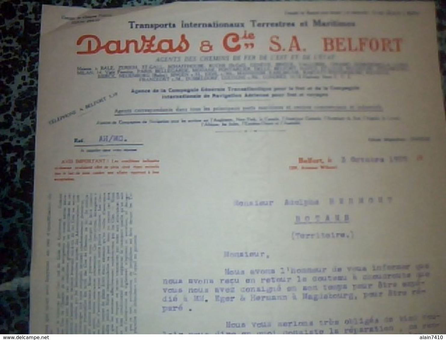 Facture Lettre à Entête Année 1929 Transport Internationaux Terrestres Et Maritimes DANZAS à Belfort - Verkehr & Transport