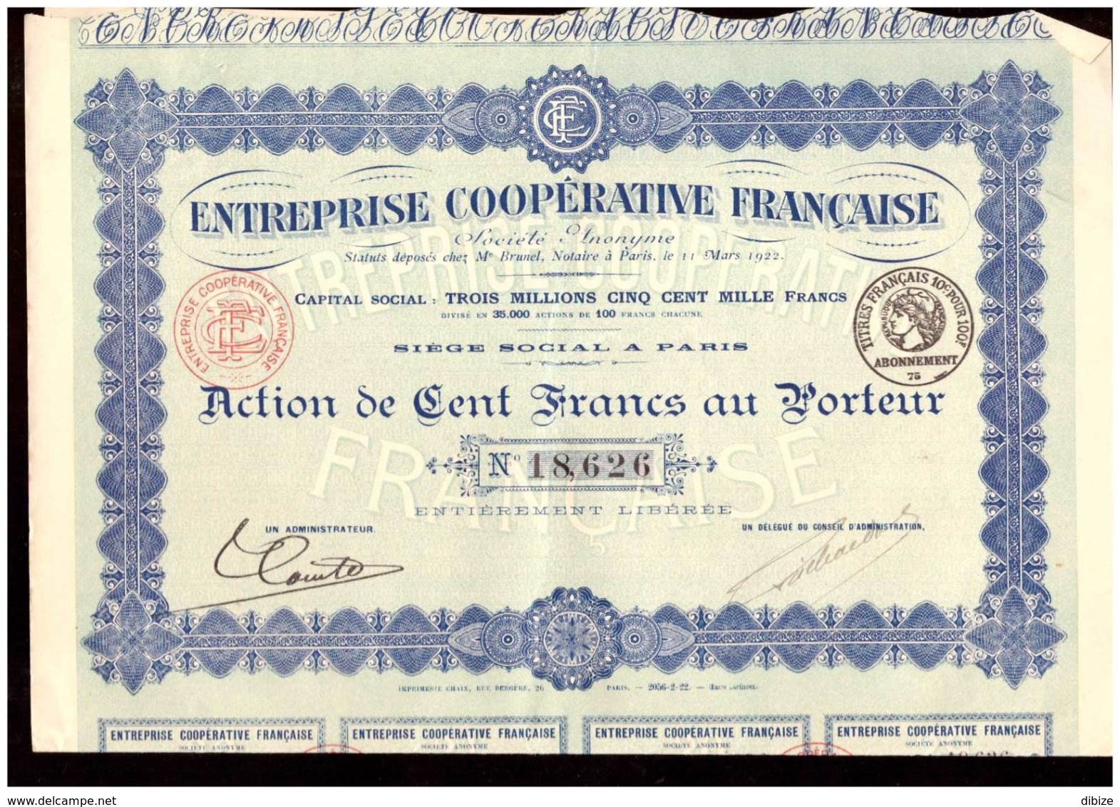 France. Action De 100 Francs Au Porteur N° 18.626. Entreprise Coopérative Française . 1922. + 30 Coupons. - D - F