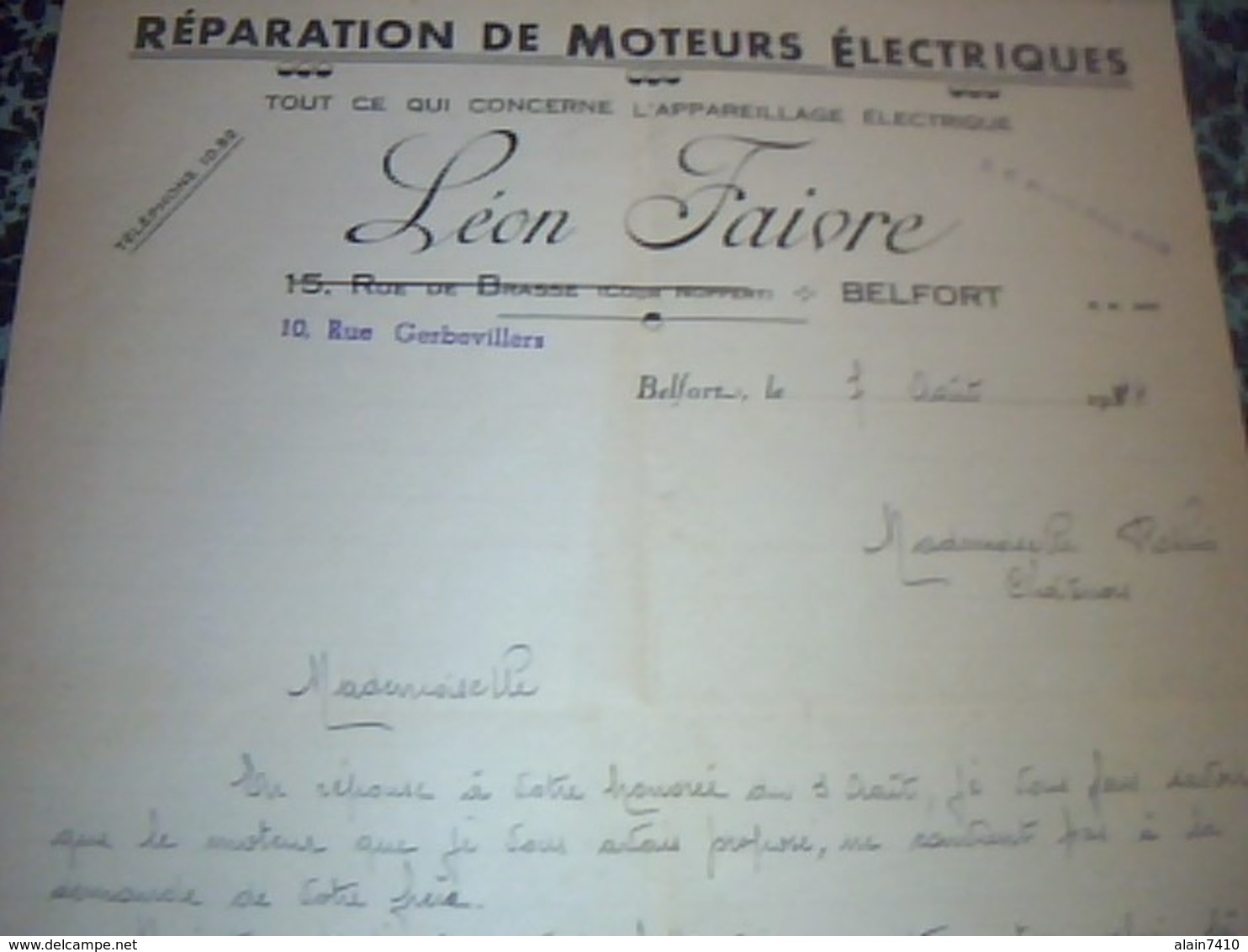 Facture  Lettre A Entéte Réparations De Moteurs électriques LEON FAIVRE A Belfort 1934 - Autres & Non Classés