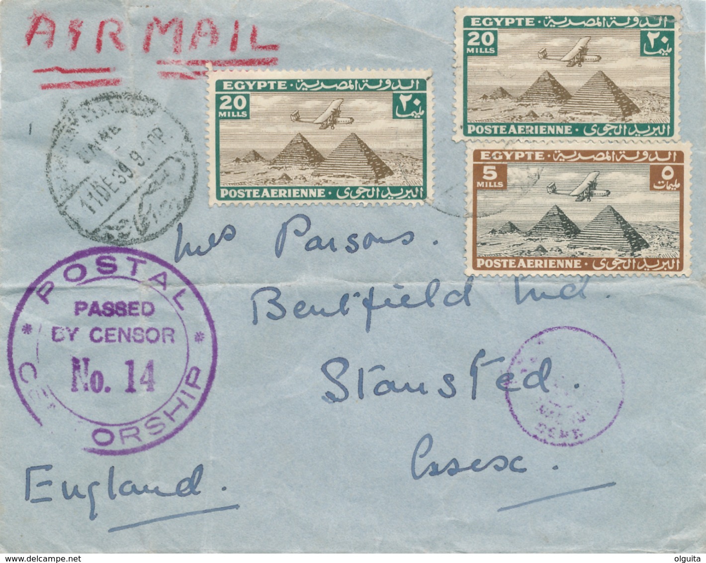 222/30 -- EGYPT WWII CENSORSHIP - Cover Franked Air Stamps CAIRO 1939 To Essex UK - VERY SCARCE Censor 14 - 1915-1921 British Protectorate