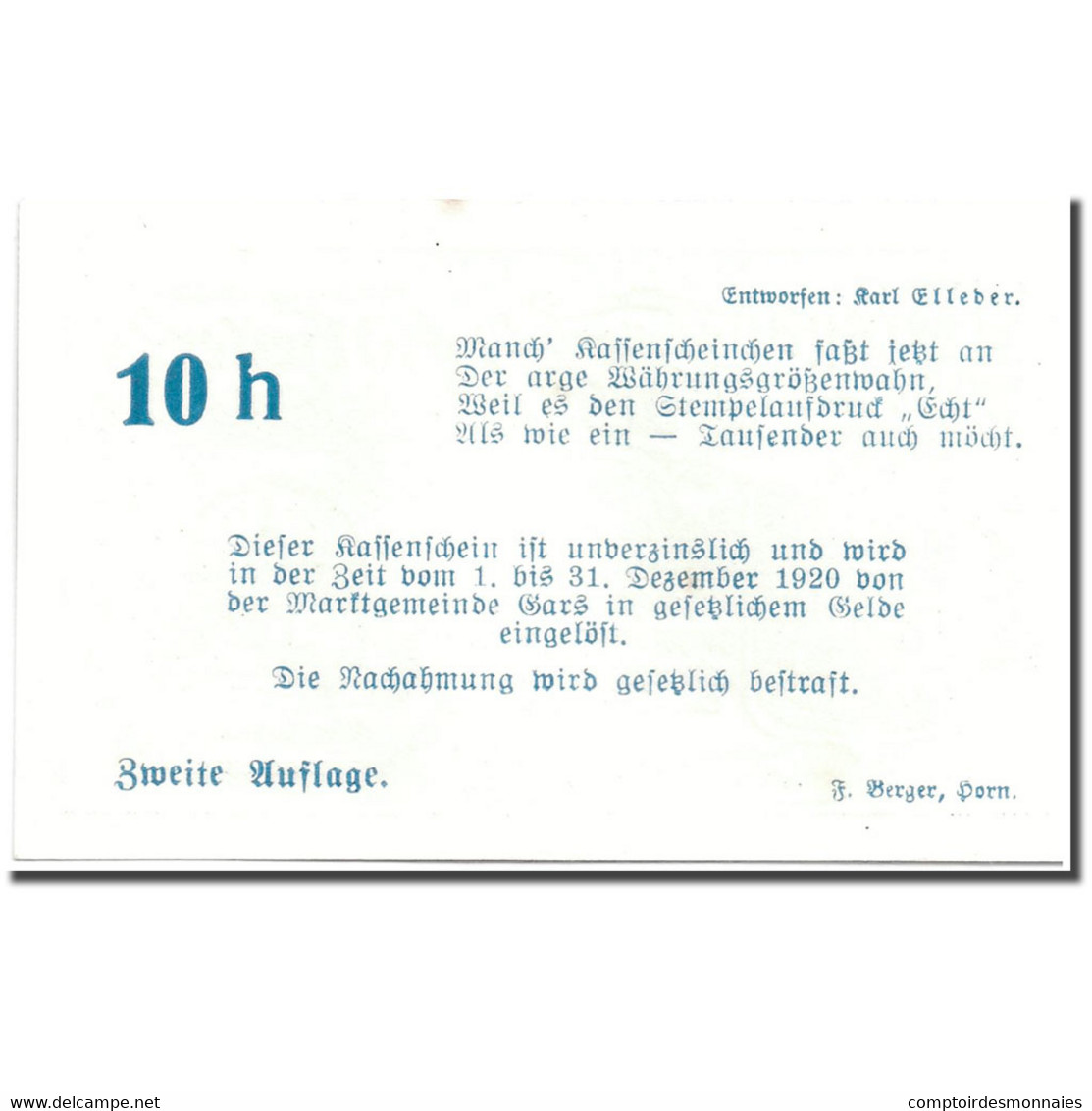 Billet, Autriche, Gars Am Kamp, 10 Heller, Ecusson, 1920, 1920-04-28, SPL - Autriche
