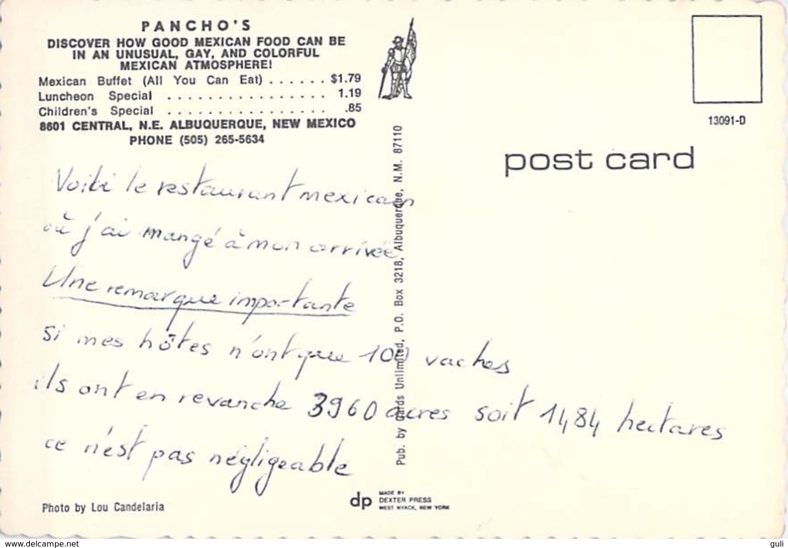 Amérique > Etats-Unis > NM - New Mexico  ALBUQUERQUE  PANCHO'S  (1) Restaurant Mexican Buffet (auto Voiture) *PRIX FIXE - Albuquerque