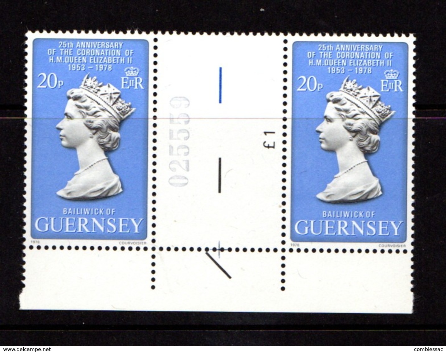 GUERNSEY    1978    25th Anniv  Of  Coronation    20p Black  Grey  And  Bright  Blue       Gutter  Pairs      MNH - Guernsey