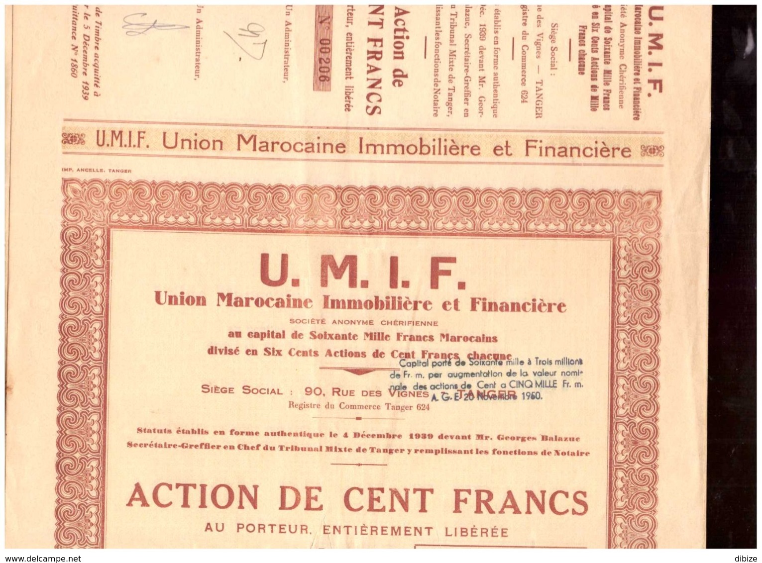 Maroc Tanger 5 Actions De 100 Francs Au Porteur 1939. 24 Coupons Chacune. Union Marocaine Immobilière Et Financière UMIF - Bank & Versicherung