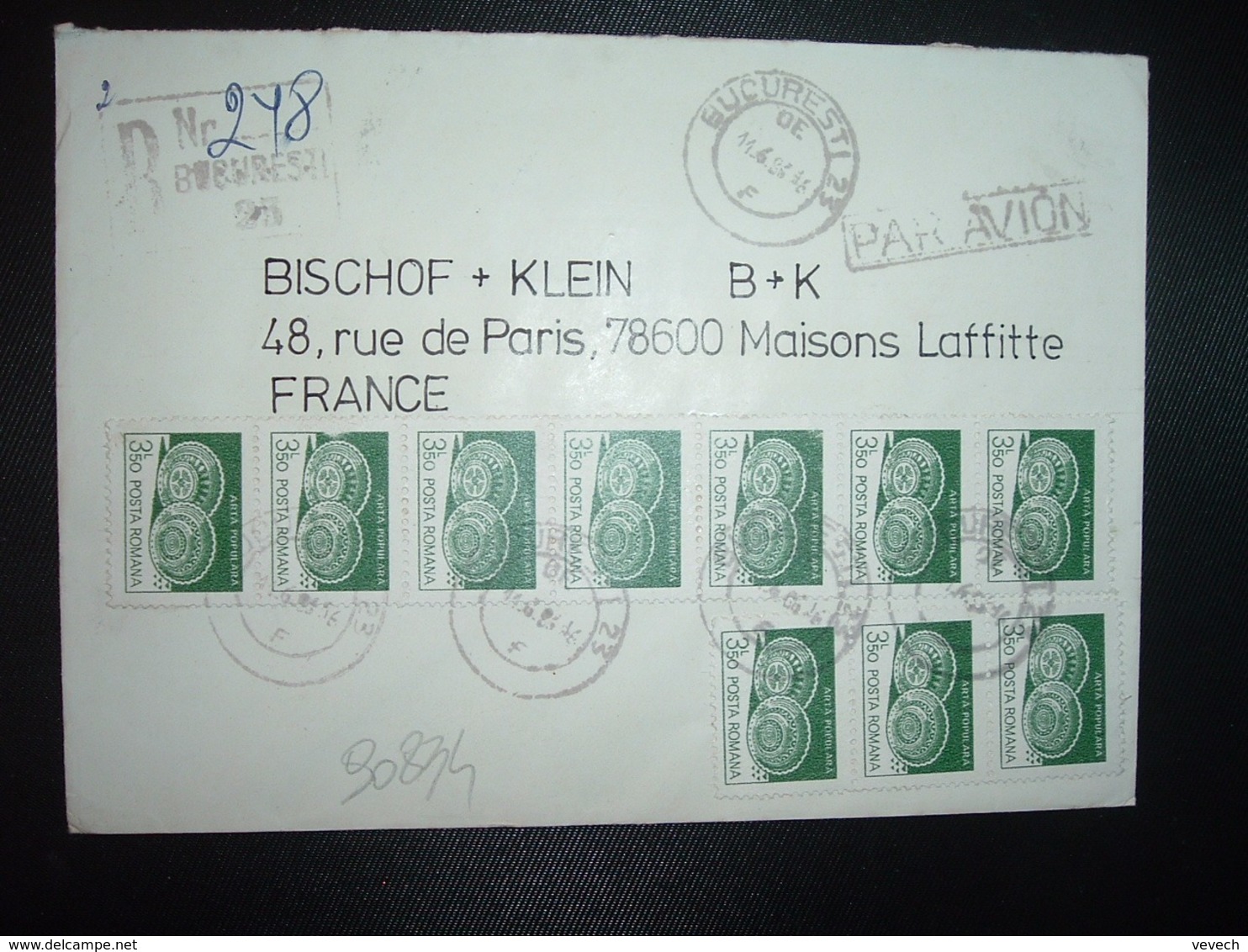 LR Par Avion Pour La FRANCE TP ARTA POPULARA 3L50 Bande De 7 + Bande De 3 OBL.11.6.86 BUCURESTI 23 - Cartas & Documentos