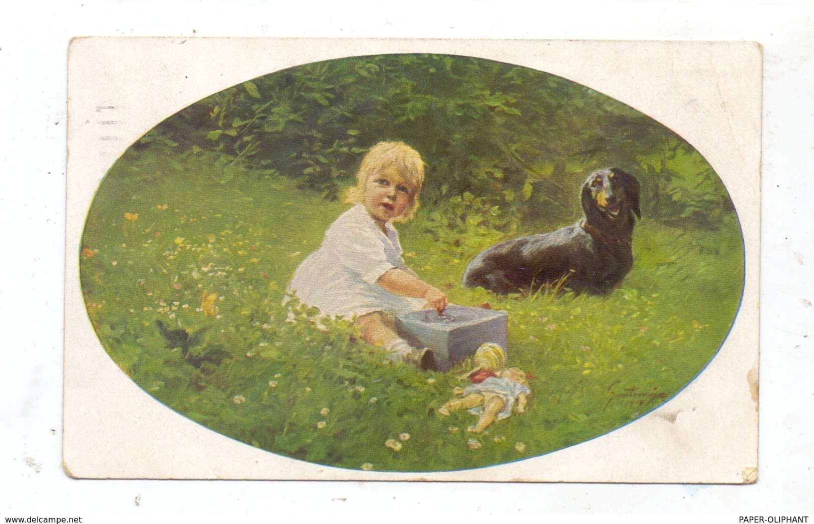 HUNDE - DACKEL / Teckel / Dachshund / Bassotto - Dackel Mit Mädchen Und Spielzeug, Künstler-Karte Paul Heckscher - Hunde