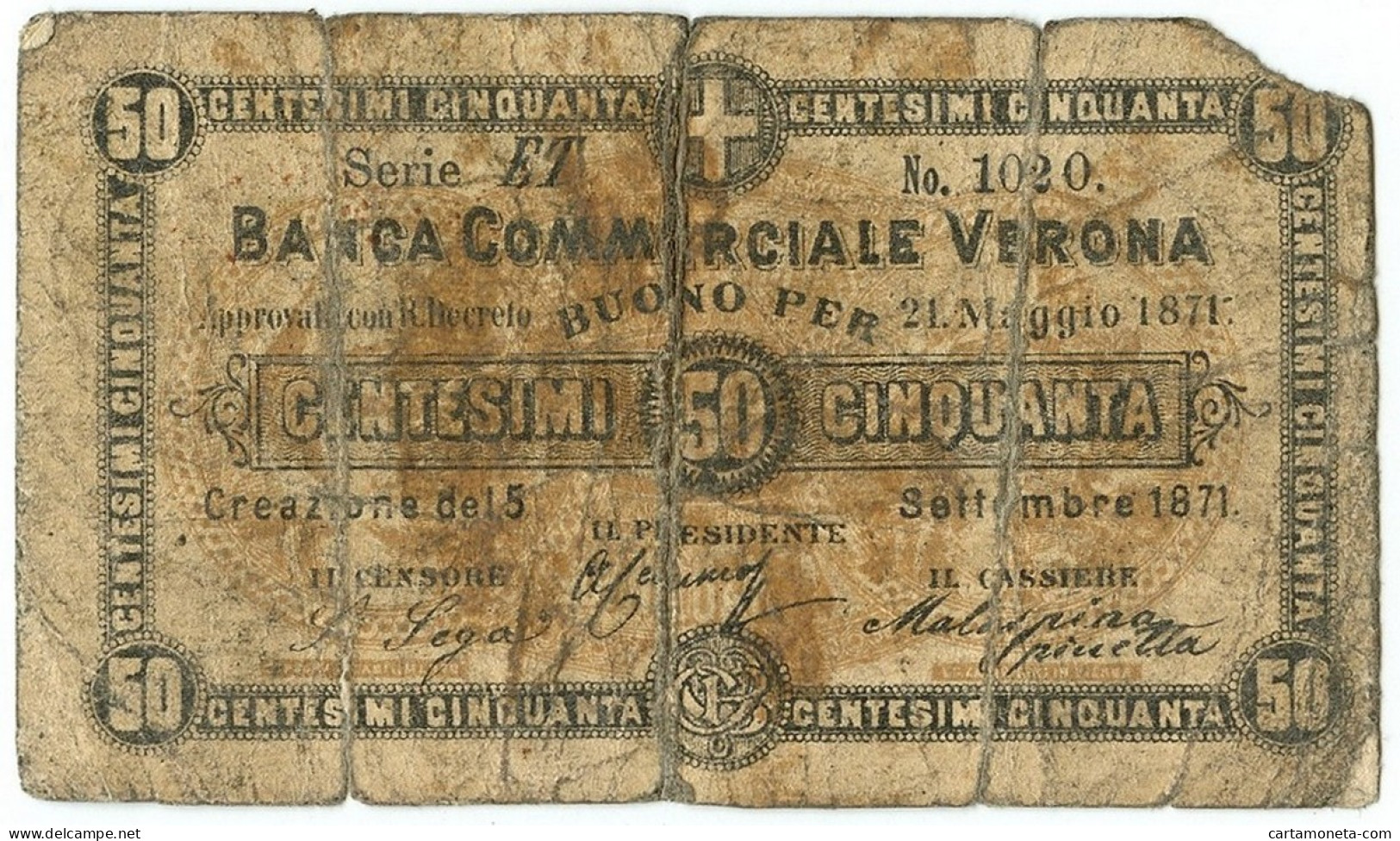 50 CENTESIMI BIGLIETTO FIDUCIARIO BANCA COMMERCIALE VERONA 05/09/1871 MB - Altri & Non Classificati