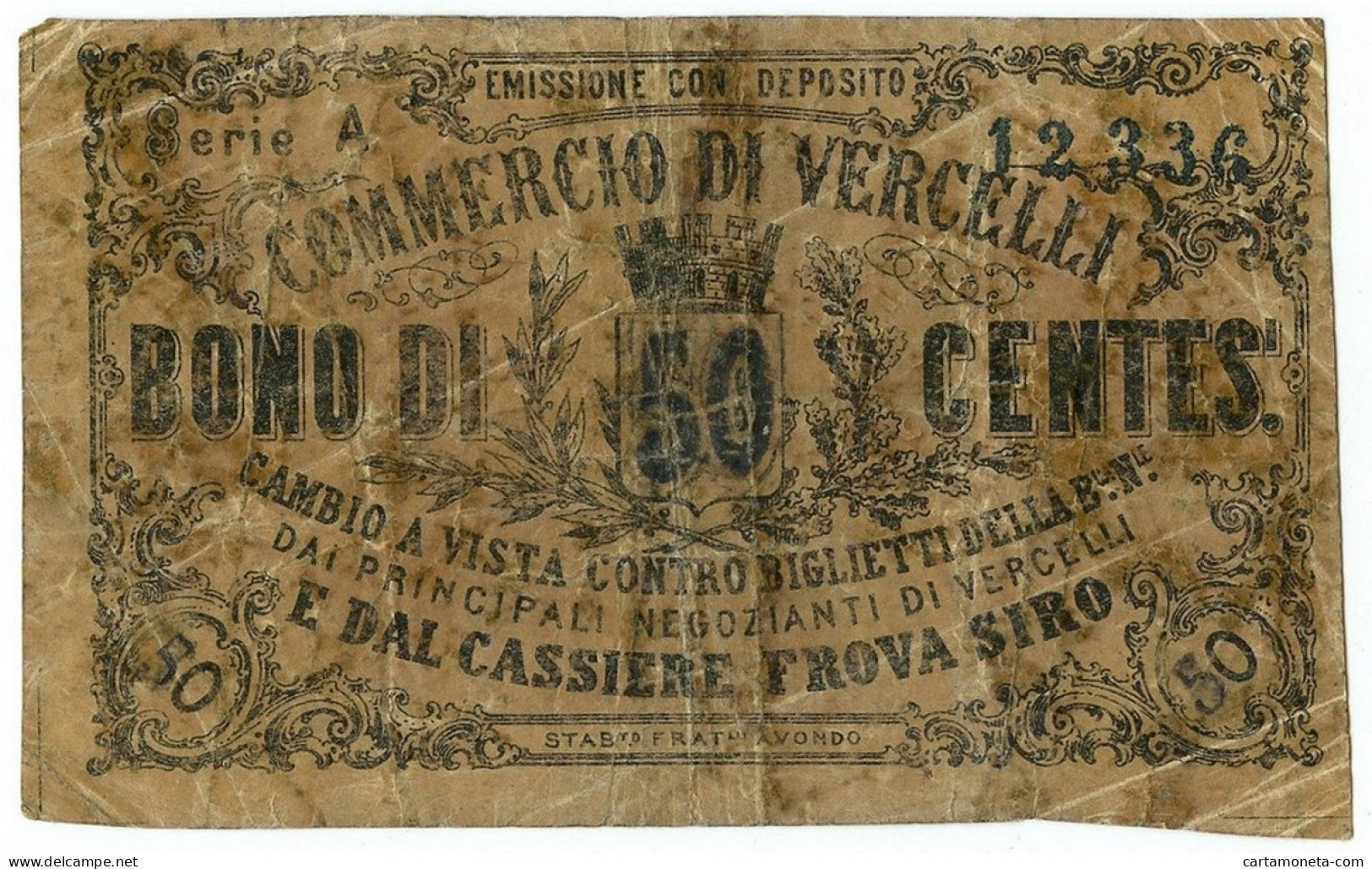 50 CENTESIMI BIGLIETTO FIDUCIARIO COMMERCIO DI VERCELLI QBB - Altri & Non Classificati